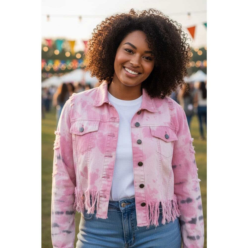 Street Blues 2XL Pink Tie Dye Cropped Denim Jacket Distressed Fringe Y2K Grunge